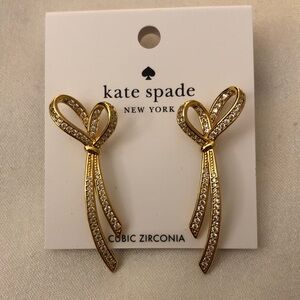 Kate Spade Gold Tone All Tied Up Heart Bow Drop Earrings CZ Accents NWT